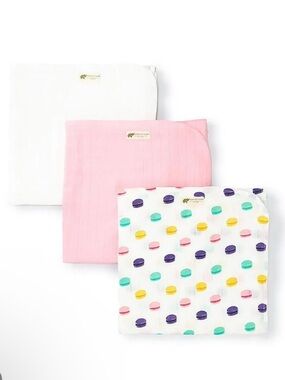 NWT 3-Pack Baby Muslin Swaddle Macaron Print + Matching headband